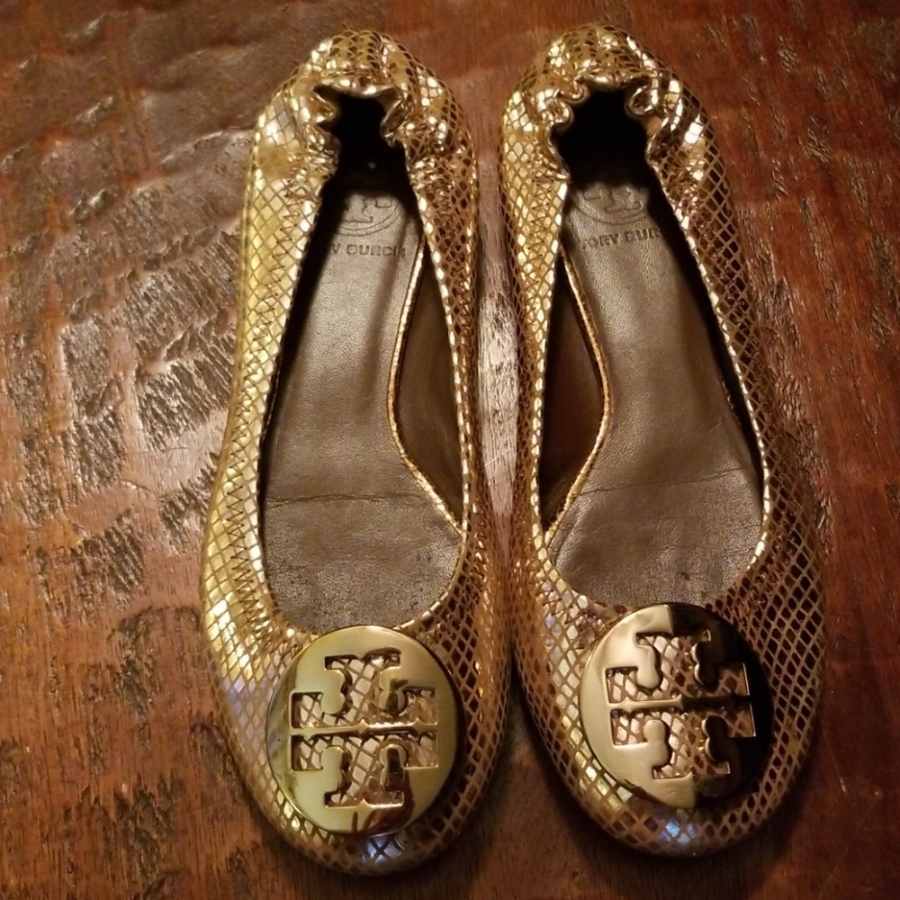 Tory Burch Gold Snakeskin Reva Flats